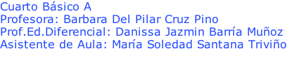 Cuarto Básico A Profesora: Barbara Del Pilar Cruz Pino Prof.Ed.Diferencial: Danissa Jazmin Barría Muñoz Asistente de Aula: María Soledad Santana Triviño